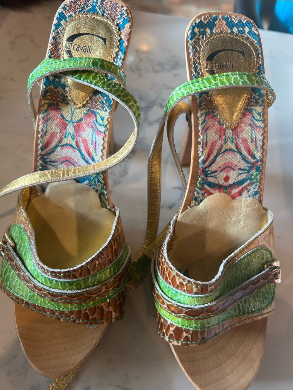 Just Cavalli Green, Brown & Gold Strappy Heeled Sandals